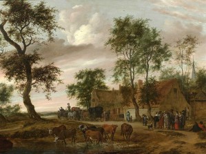 A village landscape with carriages outside an inn